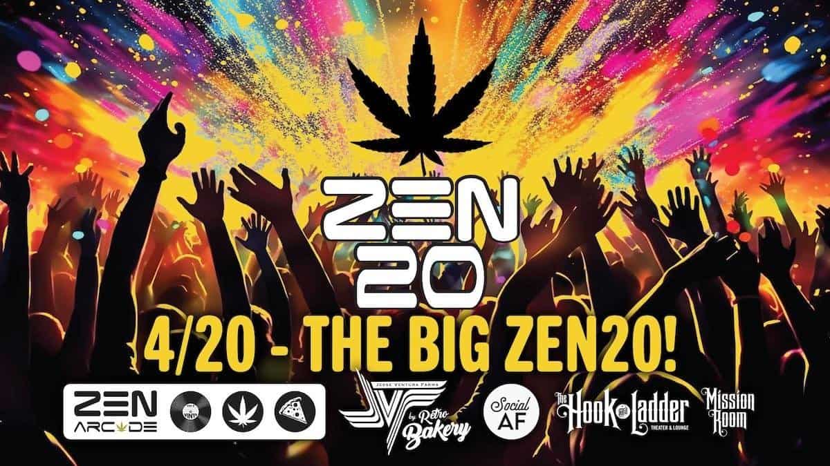 Colorful concert crowd with vibrant lighting and a large cannabis leaf at the top, promoting Zen 20 4/20 event.
