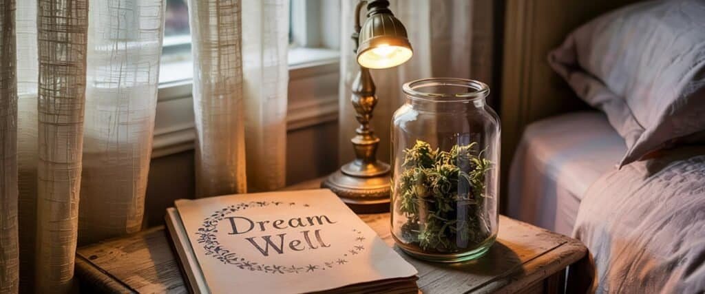 Bright bedroom corner with a cozy lamp, a glass jar with greenery, and a "Dream Well" book on a rustic bedside table. Warm lighting creates a relaxing and inviting atmosphere.
