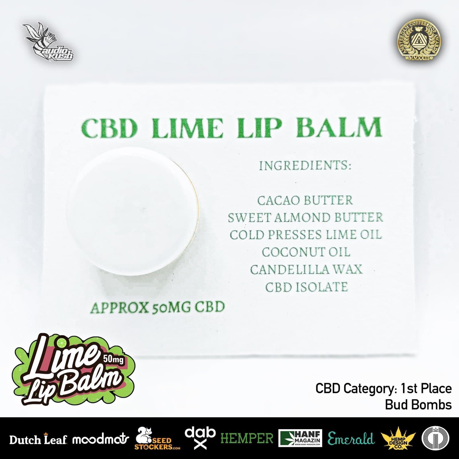 CBD lip balm with CBD extract, lime flavor, and natural ingredients for soothing lip care.