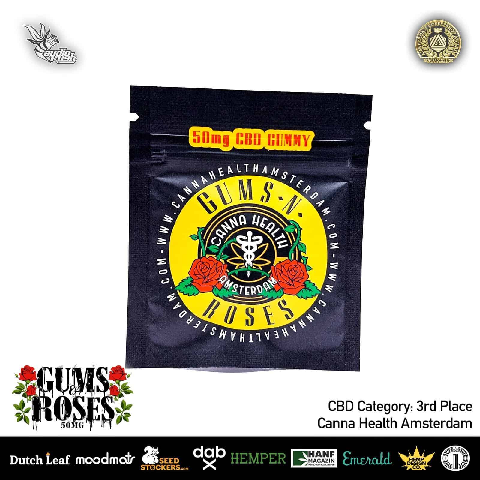 CBD gummy with hemp and cannabis branding, 50mg CBD edible for health and wellness, THC-free, premium quality, suitable for relaxation and medicinal use, crafted in Amsterdam.