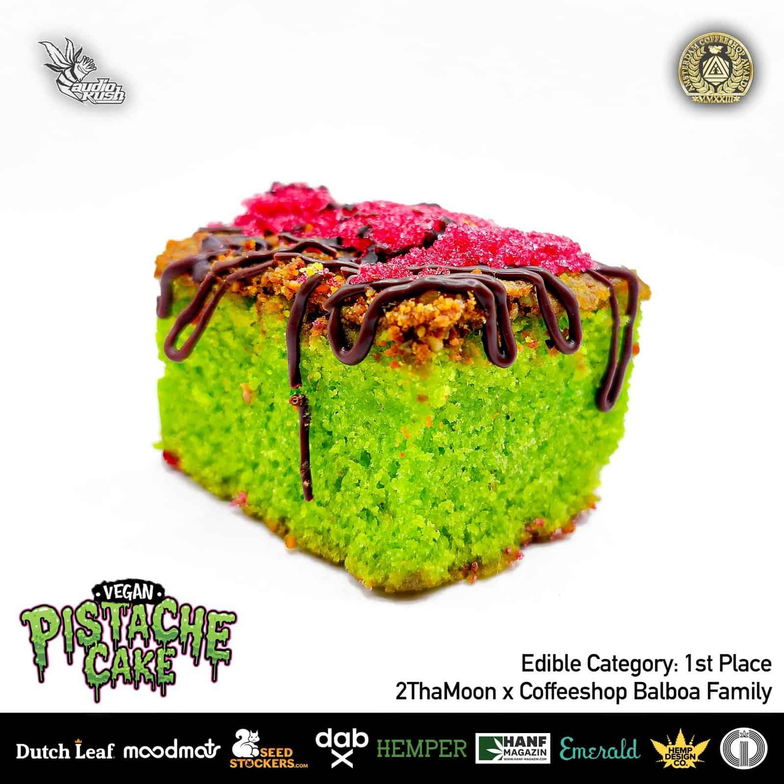 Vibrant green vegan pistachio cake slice with chocolate drizzle and pink sprinkles, served as a vegan dessert from AudioKush featuring organic ingredients and creative presentation.
