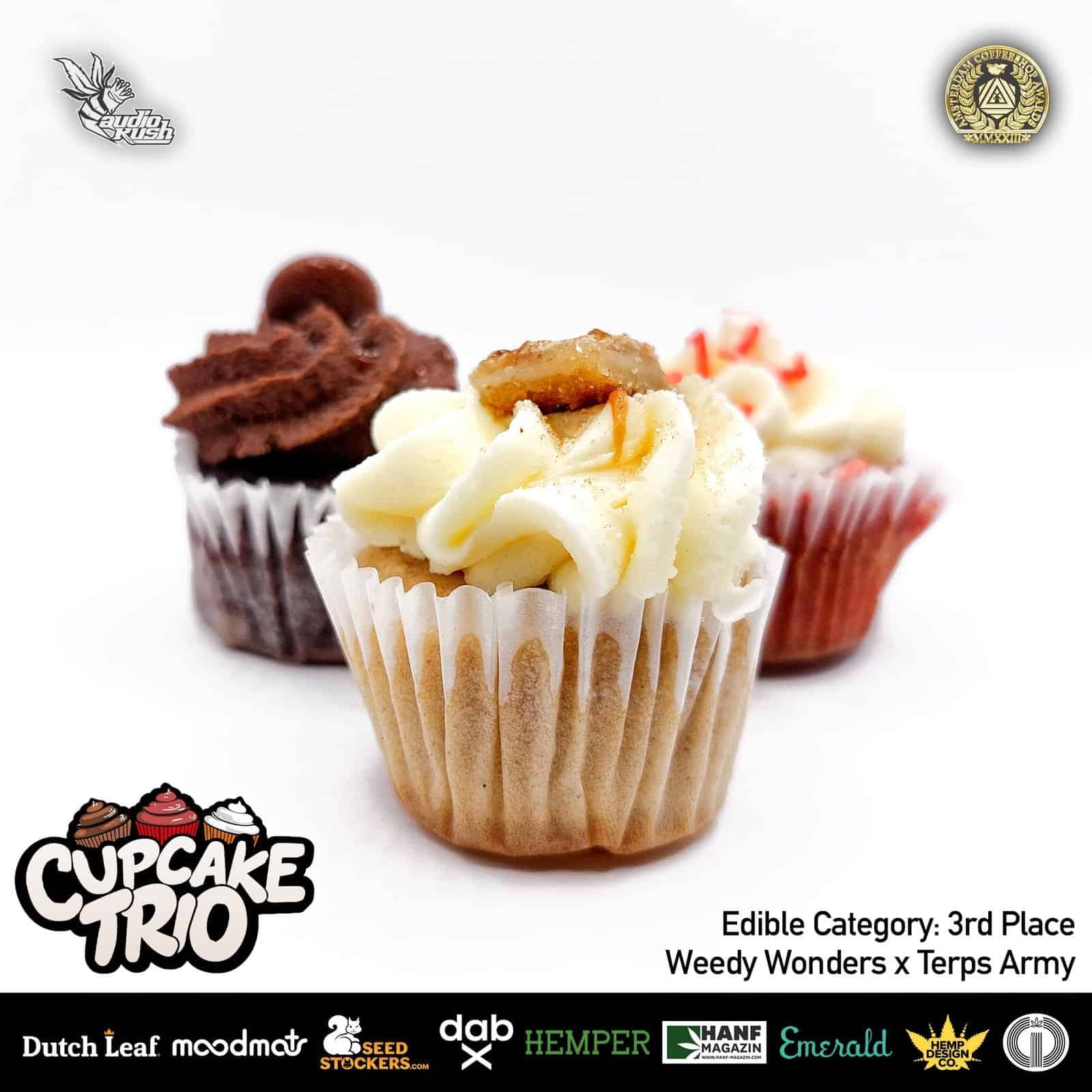 Gold cupcake with vanilla frosting and caramel topping, chocolate cupcake with chocolate frosting and swirl topping, red velvet cupcake with cream cheese frosting, premium cupcakes, bakery dessert, sweet treats, cupcake trio, best cupcakes, decorative cupcakes, edible dessert.