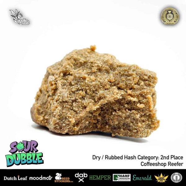 Sour Dubble Hash by Coffeeshop Reefer, 2nd place, dry / rubbed hash Category, Amsterdam Coffeeshop Awards 2024