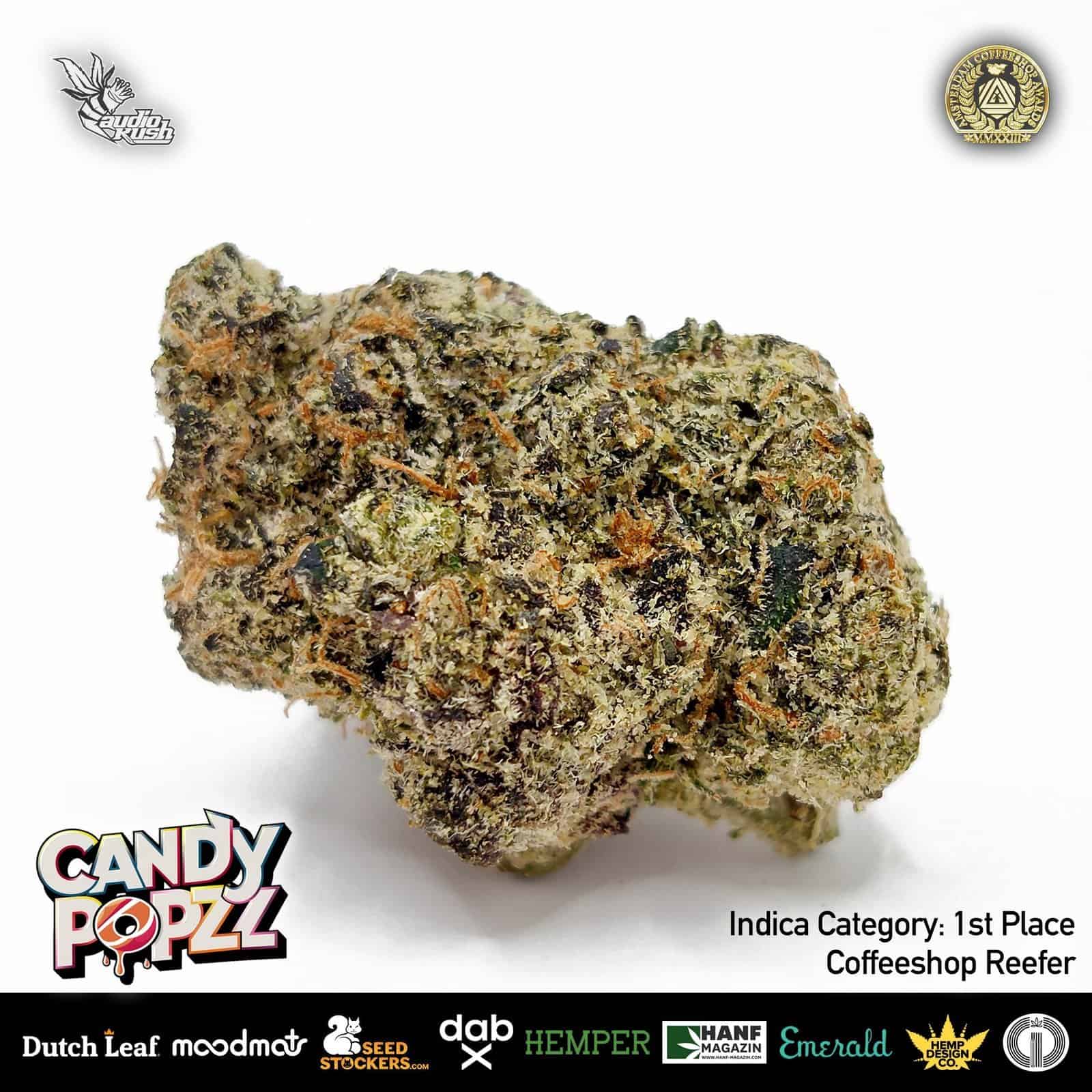 Indica cannabis strain close-up photo, premium outdoor-grown cannabis flower, high-quality marijuana bud, aromatic, potent, medical cannabis, dense trichomes, cannabis dispensary product, Cannabis Kush.