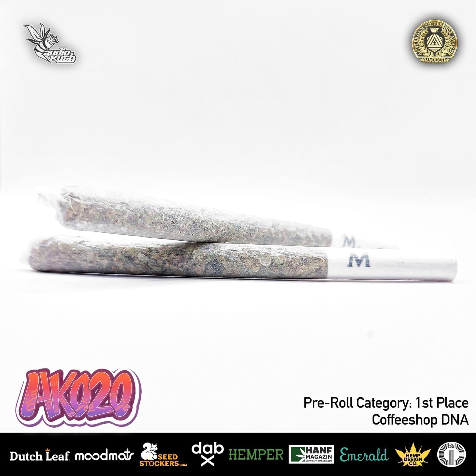 Pre-rolled cannabis joints with dense, colorful buds and white paper tips.