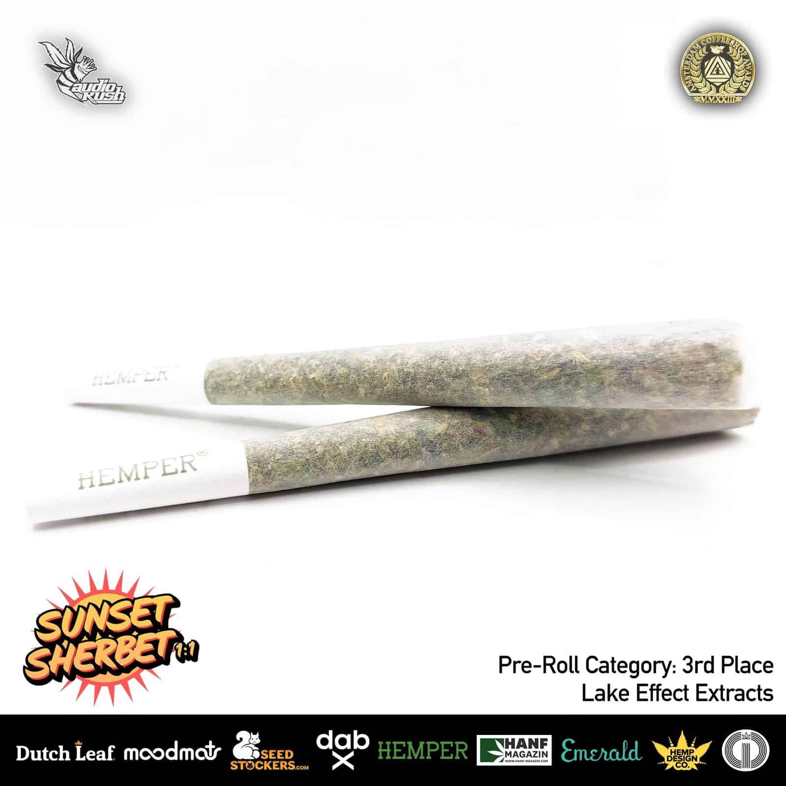 Pre-roll cannabis joint with lake effect extracts, Hemp and sunset sherbet branding, and colorful logos; high-quality ground flower for buds and cannabis enthusiasts.