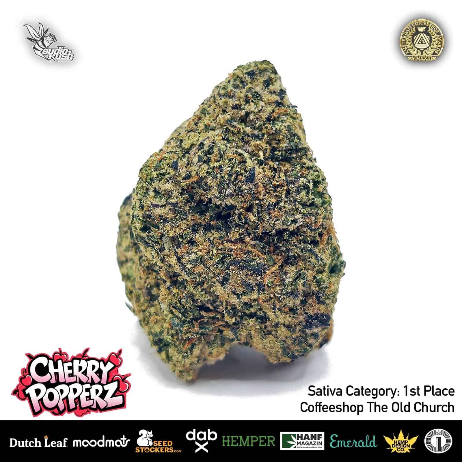 Cherry popperz cannabis bud close-up, premium quality indica strain with trichomes and green hues for sale, high THC potency, legal medical marijuana product, top-shelf cannabis flower, exotic strain, outdoor grown, medical dispensary, native to the Netherlands, organic cannabis, fresh harvest, aromatic terpene profile.