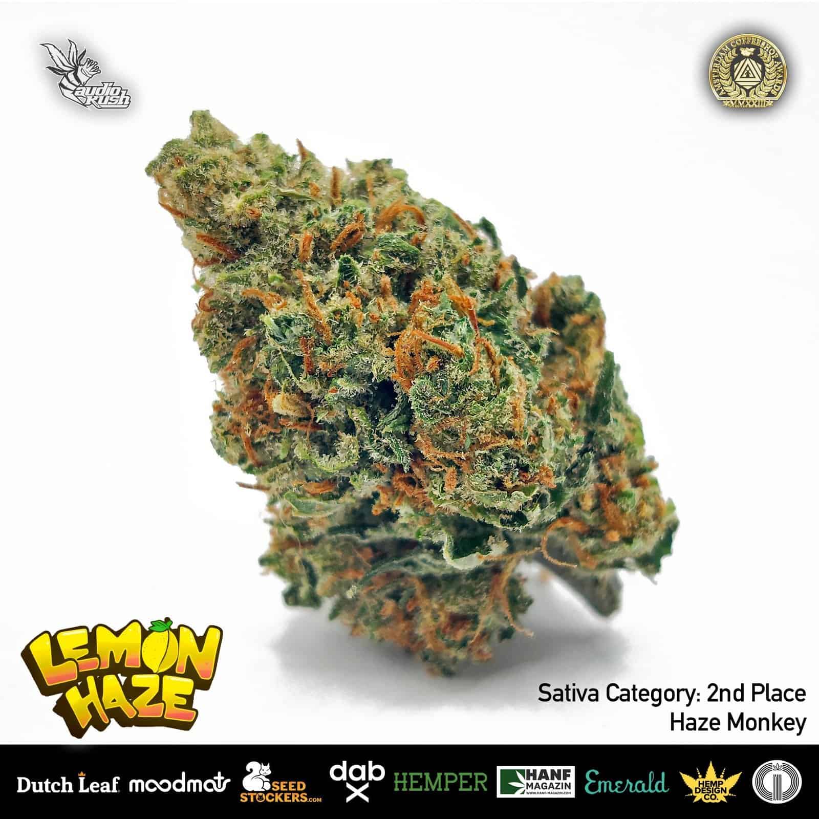 Lemon Haze cannabis bud, high-quality strain with vibrant green and orange hues, coated in trichomes for a potent aroma and flavor.