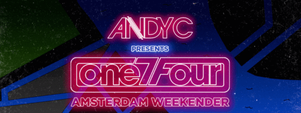 Bright neon-lit poster for AndyC’s One Four Amsterdam Weekend, showcasing vibrant electronic music event, DJ performance, nightlife, and electronic dance music in Amsterdam.