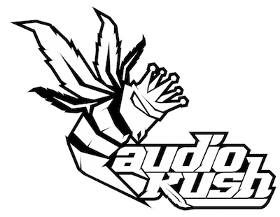 Vibrant AudioKush logo featuring a stylized clenched fist with dynamic wing-like elements, representing bold music and audio branding.