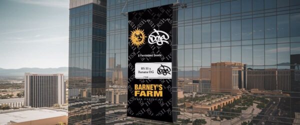 High-rise glass building with digital billboard advertising Barney's Farm cannabis seeds in Los Angeles skyline.