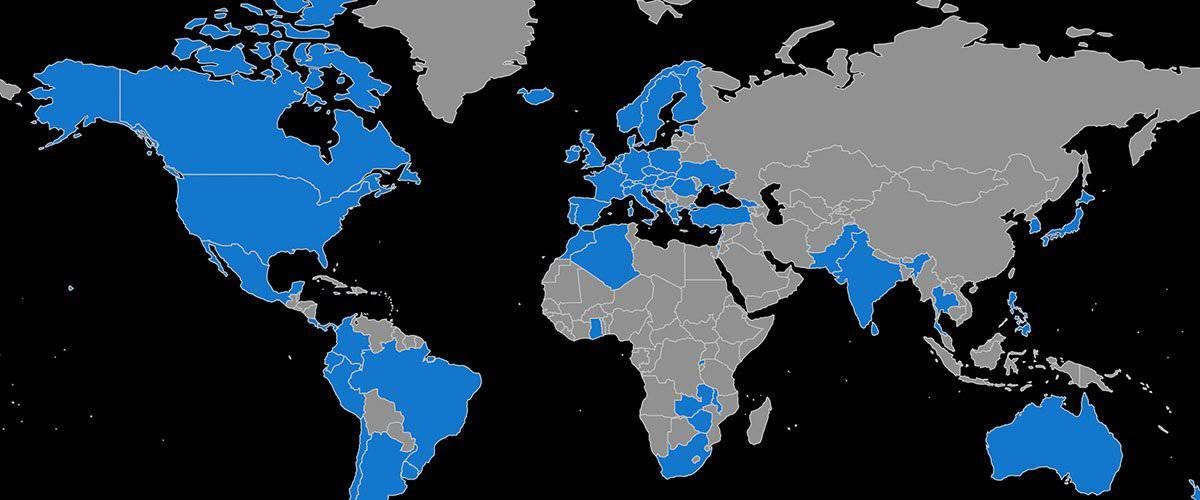 Global map highlighting countries where AudioKush operates or has presence, emphasizing international reach of audio services and music distribution.