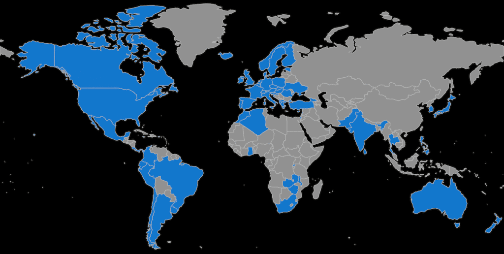 Global map highlighting countries served by AudioKush music distribution platform.