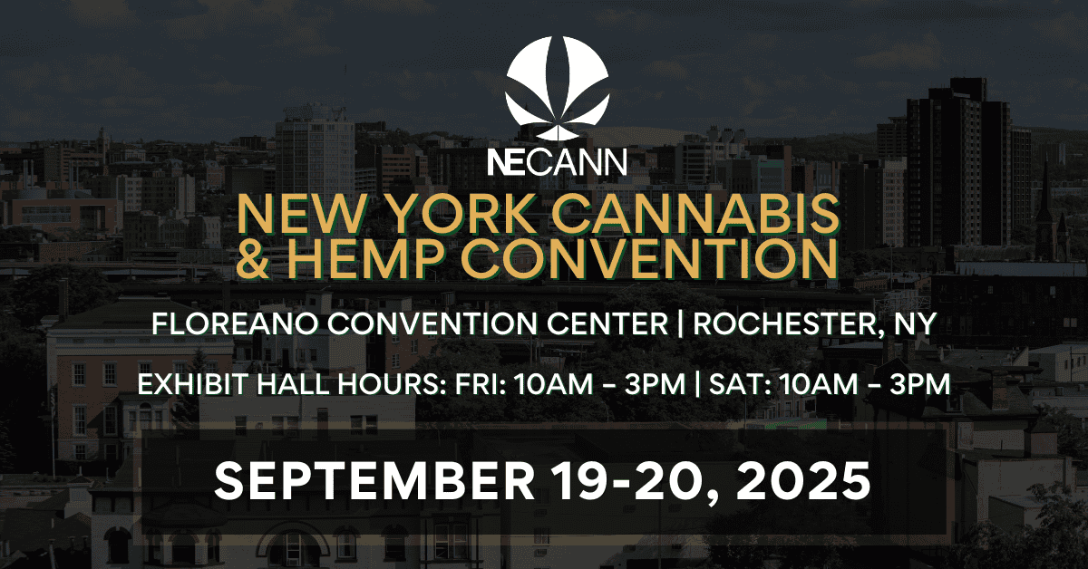 NECANN New York Cannabis Hemp Convention event poster with city skyline background, cannabis logo, and event details.