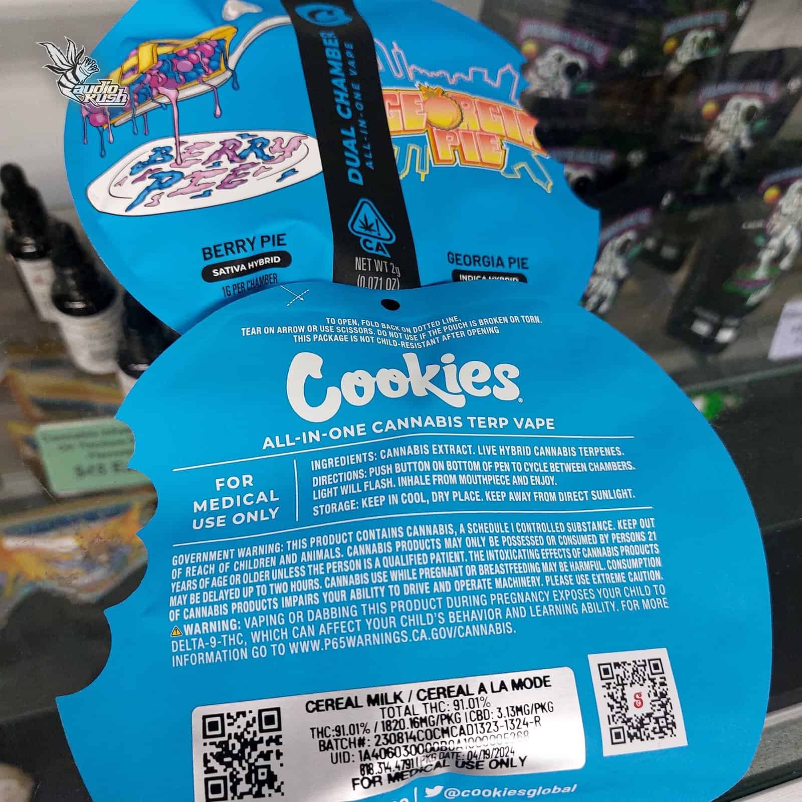 Vape containers featuring cannabis terpene blends from Cookies, designed for medical use, with detailed ingredients and safety warnings, on a store shelf.