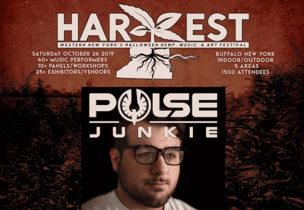 Vape-themed festival poster featuring hemp, music, and art elements for the Harvest event in Buffalo, NY.