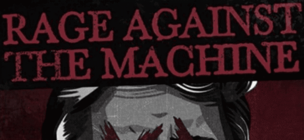 Rage Against The Machine album cover featuring a stylized black and white illustration of a person's face with bold red text overlay.