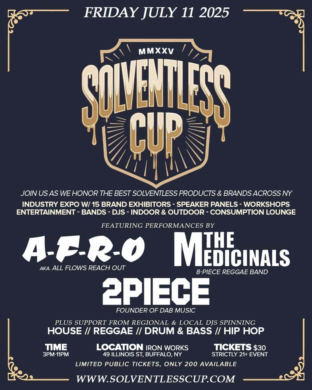 Solventless Cup music festival poster featuring live reggae, hip-hop, and dancehall performances in Buffalo, NY.