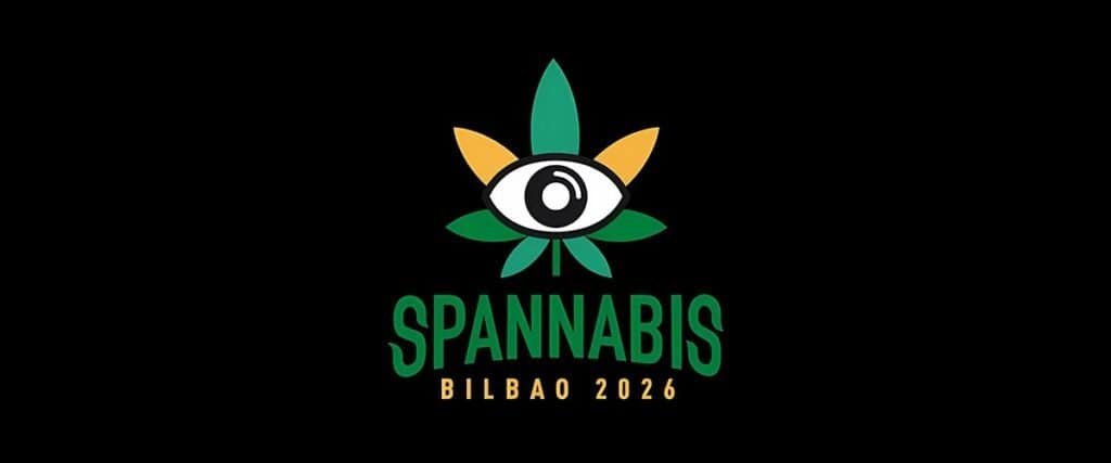 Colorful cannabis leaf logo with eye design for Spannabis Bilbao 2026 cannabis industry event on black background.