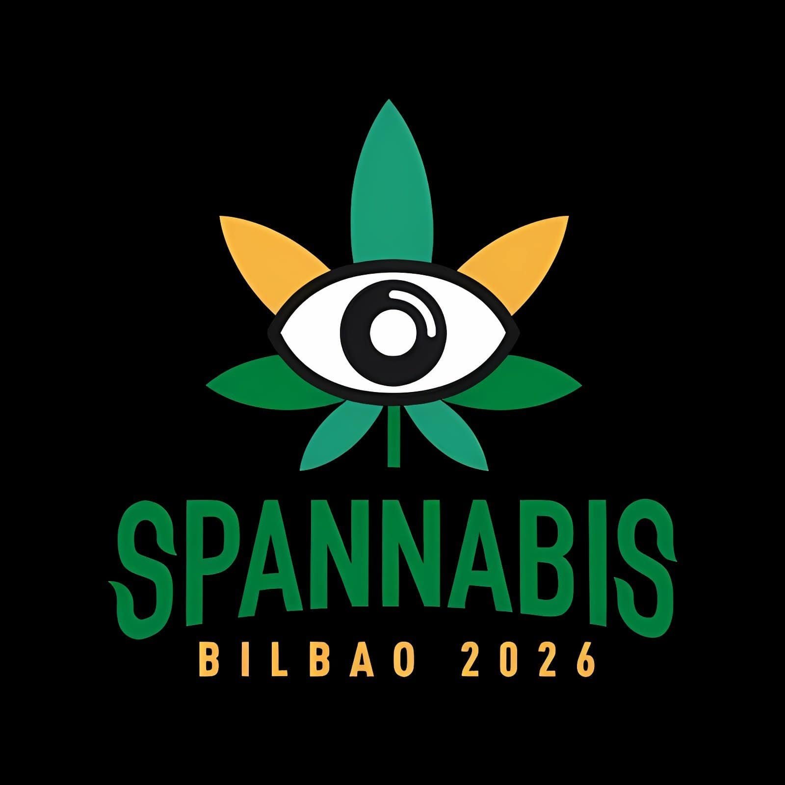 Vegan cannabis culture logo with marijuana leaf and eye design for Spannabis Bilbao 2026 event.