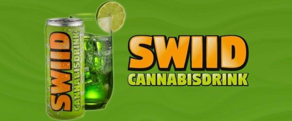 Can of SWID cannabis drink with lime slice, vibrant green background, refreshing cannabis-infused beverage, CBD drink, cannabis beverage, herbal drink, CBD infused drink, cannabis health supplement.