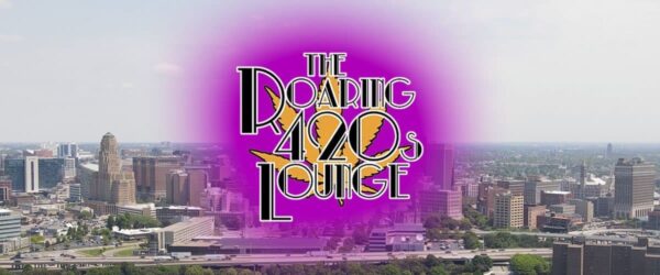 Vibrant city skyline with colorful logo overlay for The Daring 420 Lounge, featuring cannabis-themed design elements, perfect for promoting cannabis lounges, entertainment, and event venues.