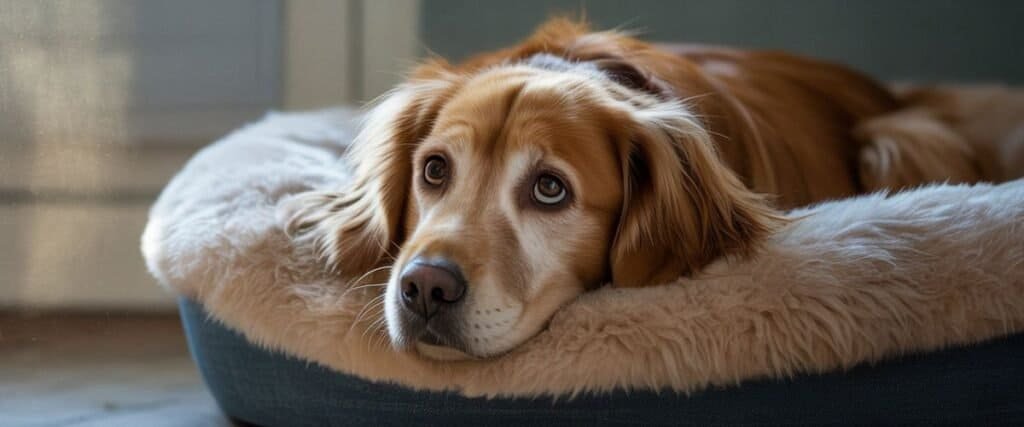Golden retriever lying on a cozy dog bed with a soft furry blanket, relaxed indoor setting.