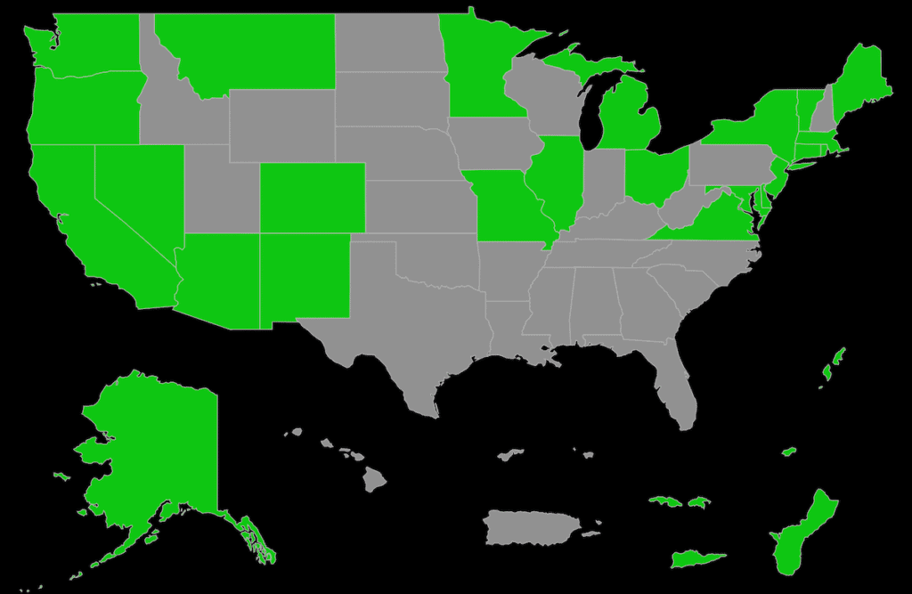 Map of the United States and territories with states highlighted in green indicating AudioKush service availability.
