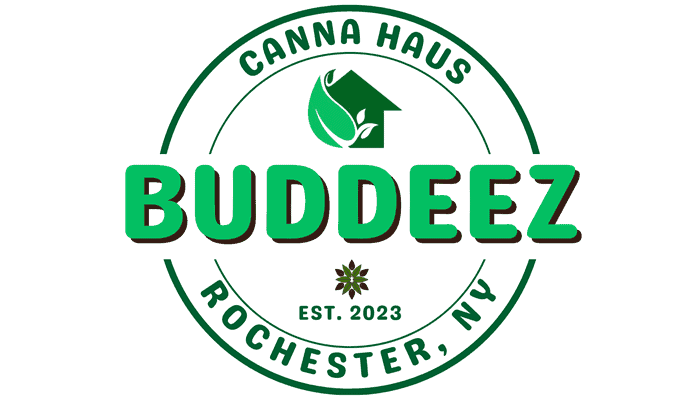 Buddeez cannabis grow house logo, sustainable cannabis farm rochester NY, eco-friendly marijuana cultivation, cannabis brand logo design, green cannabis farming emblem.
