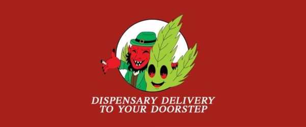 Vivid cartoon leprechaun with cannabis leaves promoting dispensary delivery service on red background.