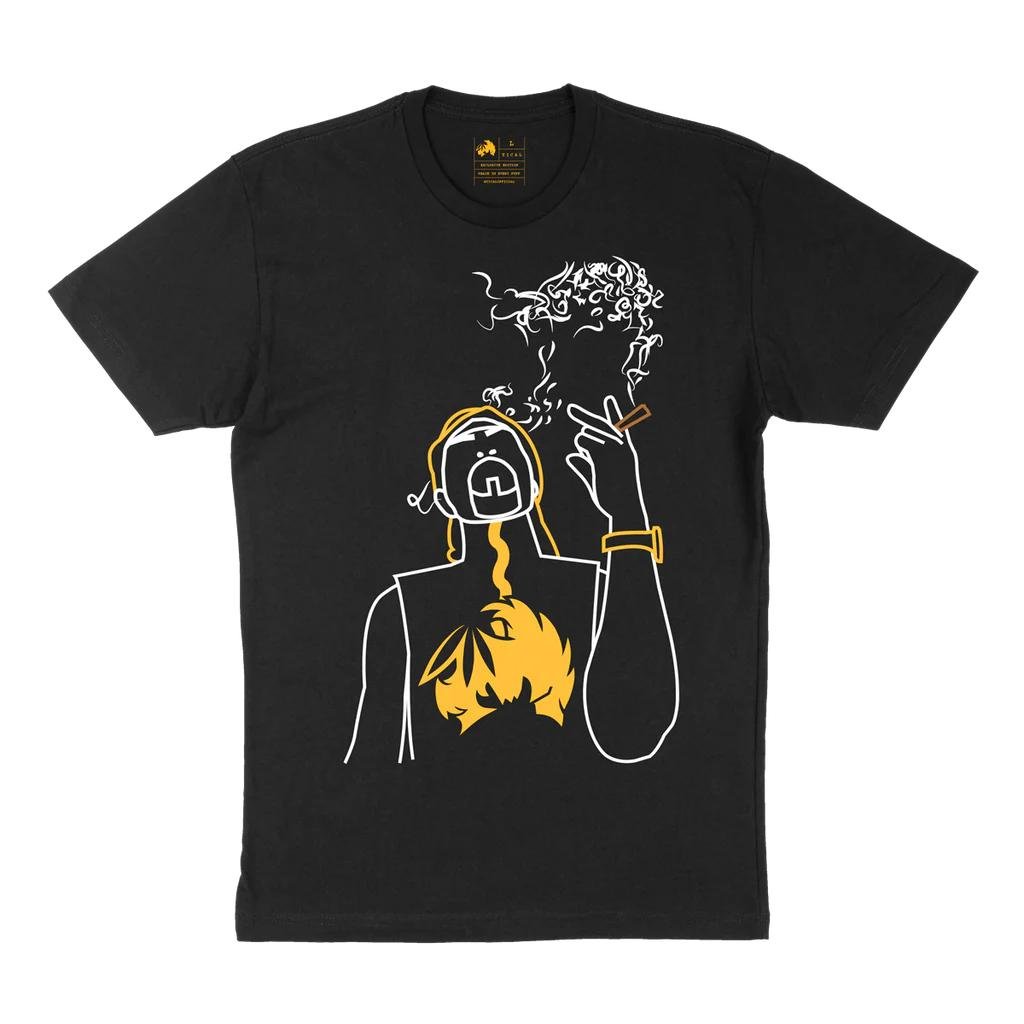 Vape-smoking illustrated t-shirt featuring a woman with a leaf on her chest, smoking and exhaling vapor, trendy streetwear design for cannabis and vaping enthusiasts.