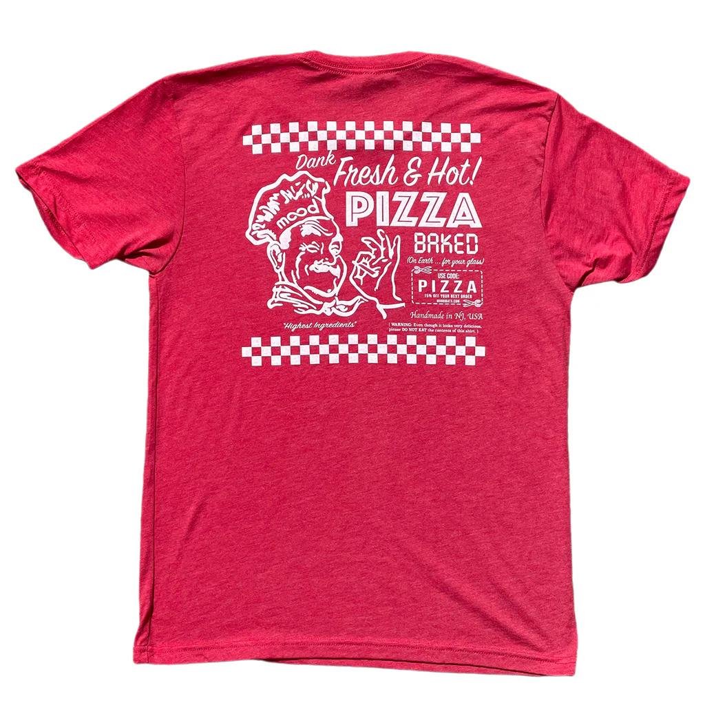 Vibrant red T-shirt with pizza-themed graphic design, featuring bold text and checkered pattern, perfect for casual wear and pizza lovers.