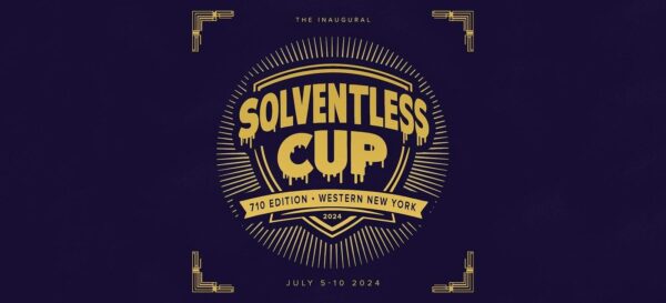 Festival logo for Solventless Cup event in Western New York, featuring bold gold lettering on a dark background, highlighting cannabis concentrate competition and industry branding.