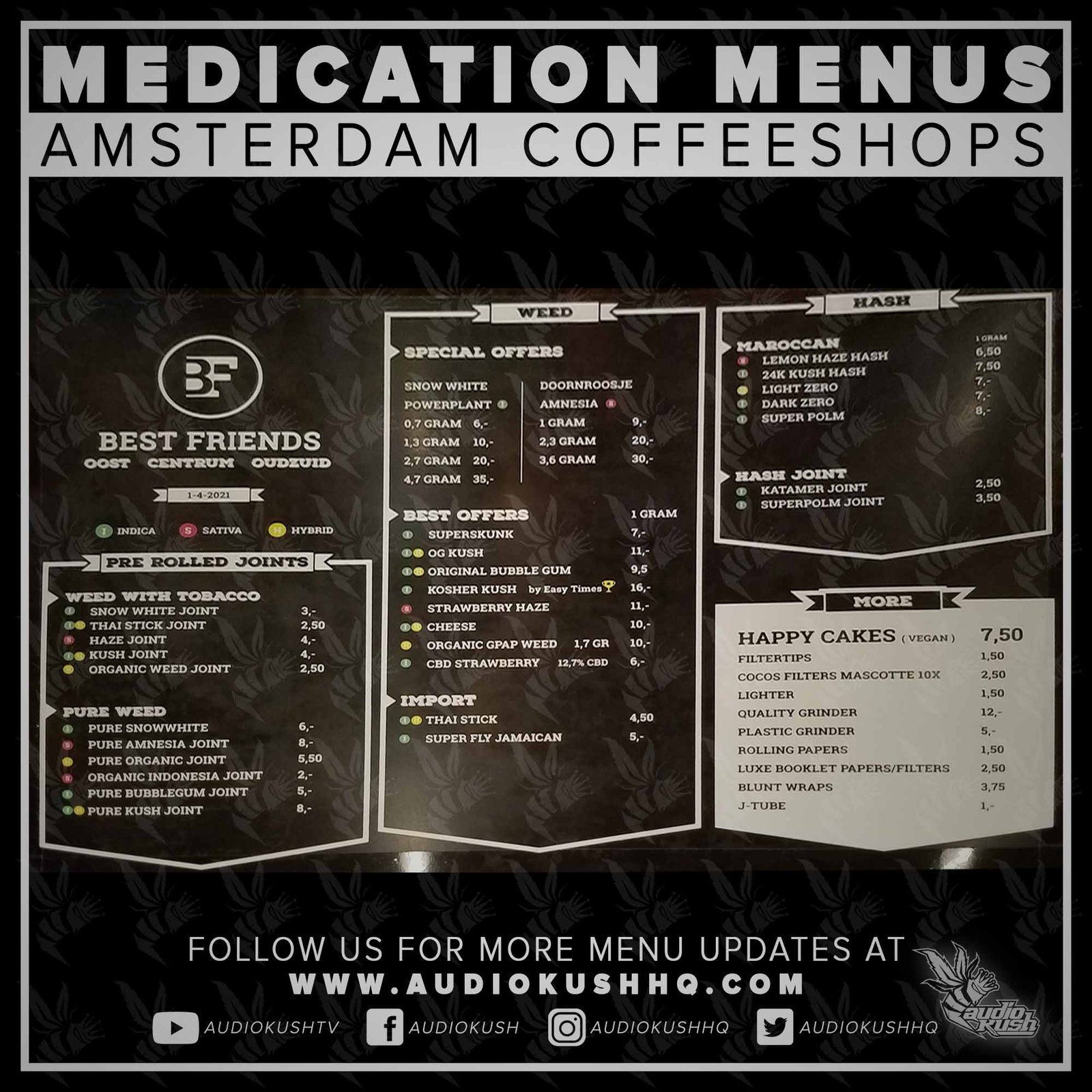 Coffeeshop Menu, Amsterdam, Best Friends Centrum, April 20 2021