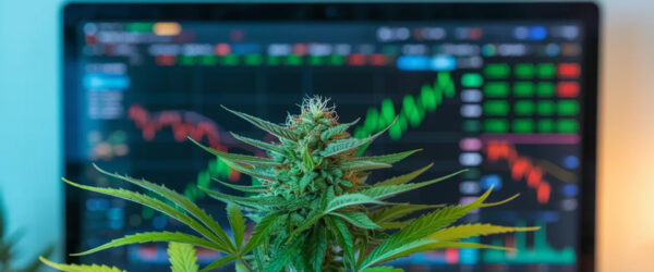 Cannabis plant in front of stock chart