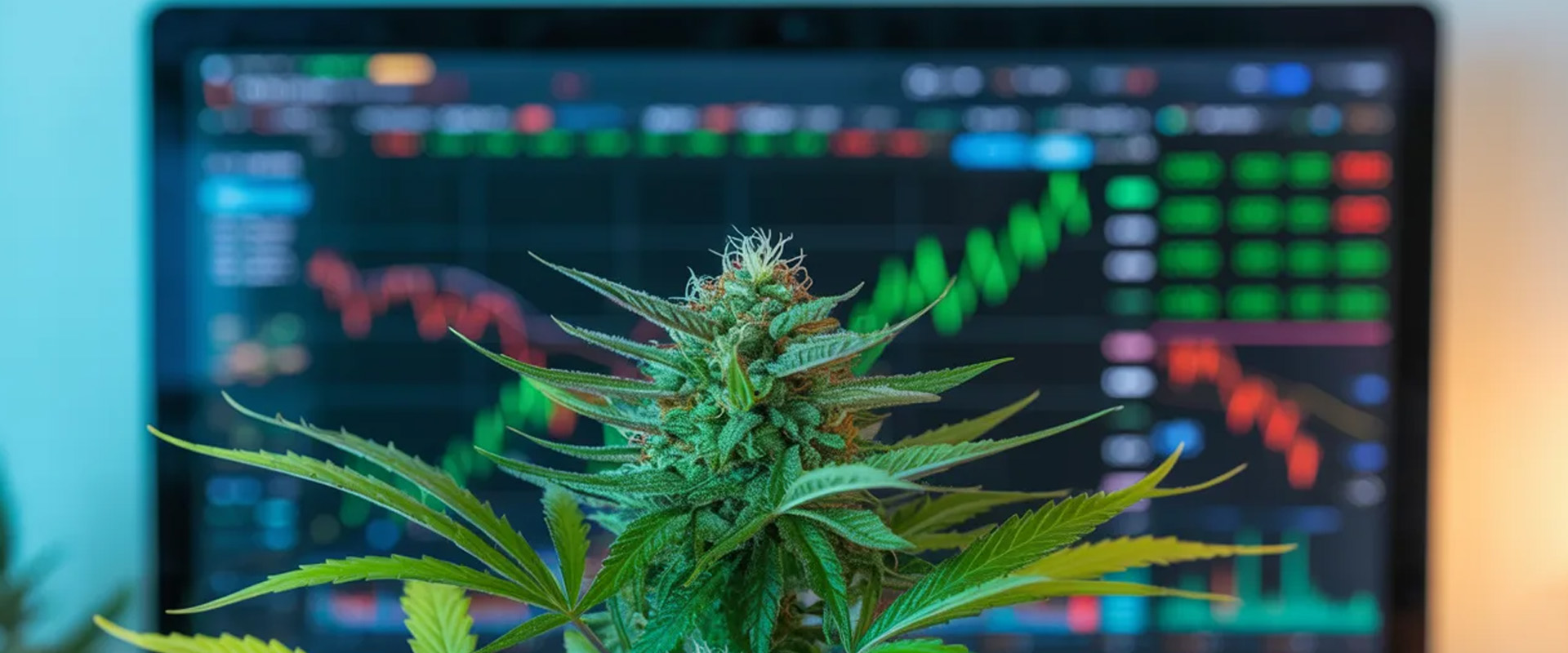 Cannabis plant in front of stock chart
