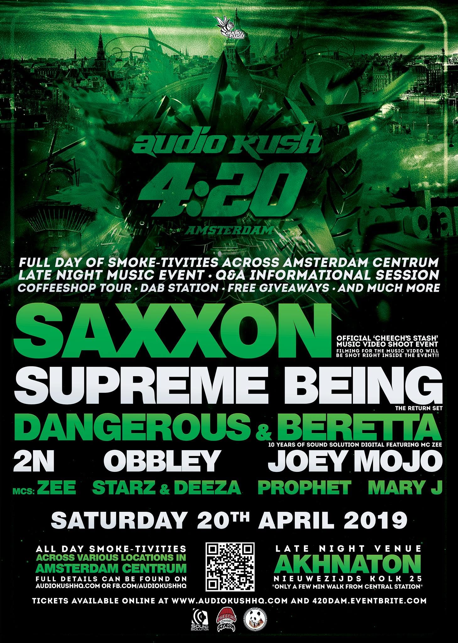 Event poster for 420 Sesh Amsterdam hosted by AudioKush at Akhnaton