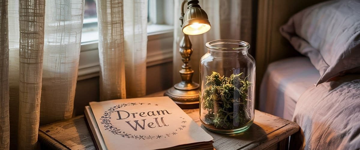 Bright bedroom corner with a cozy lamp, a glass jar with greenery, and a "Dream Well" book on a rustic bedside table. Warm lighting creates a relaxing and inviting atmosphere.