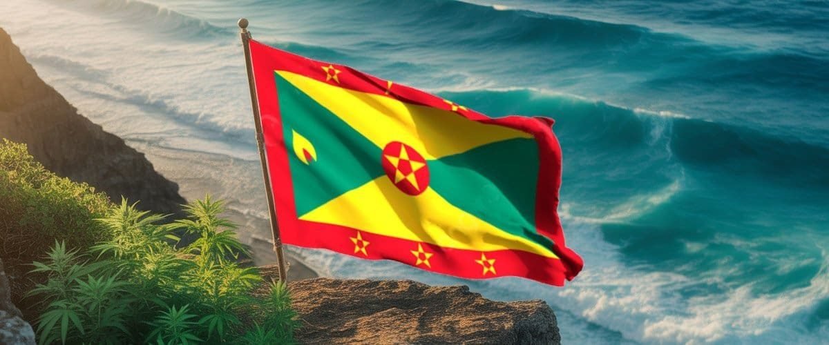 Vibrant flag of Dominica fluttering on a rocky coastline with lush greenery and ocean waves in the background, symbolizing Caribbean culture and national pride.