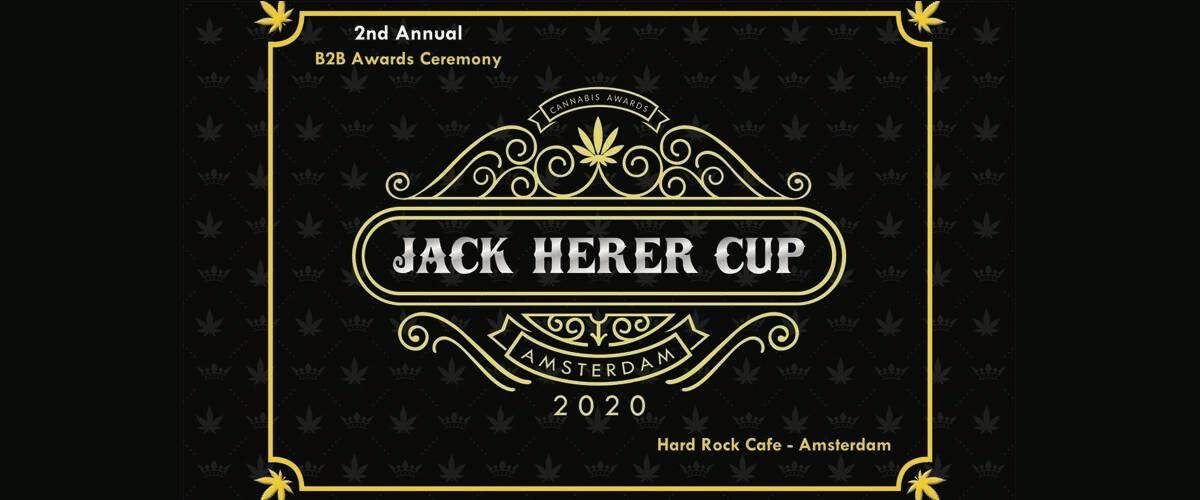 Golden ornate award badge for Jack Herer Cup cannabis event in Amsterdam 2020 at Hard Rock Cafe.
