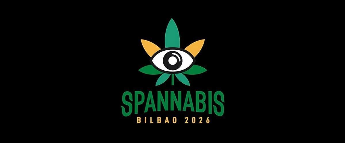 Colorful cannabis leaf logo with eye design for Spannabis Bilbao 2026 cannabis industry event on black background.