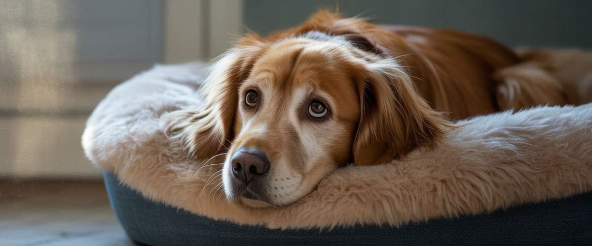 Golden retriever lying on a cozy dog bed with a soft furry blanket, relaxed indoor setting.
