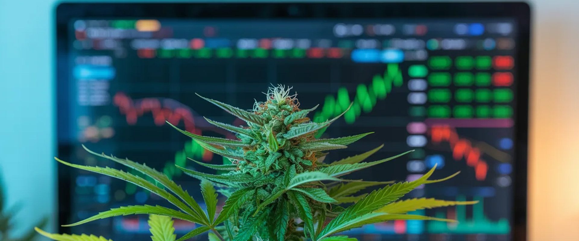 Cannabis plant in front of stock chart
