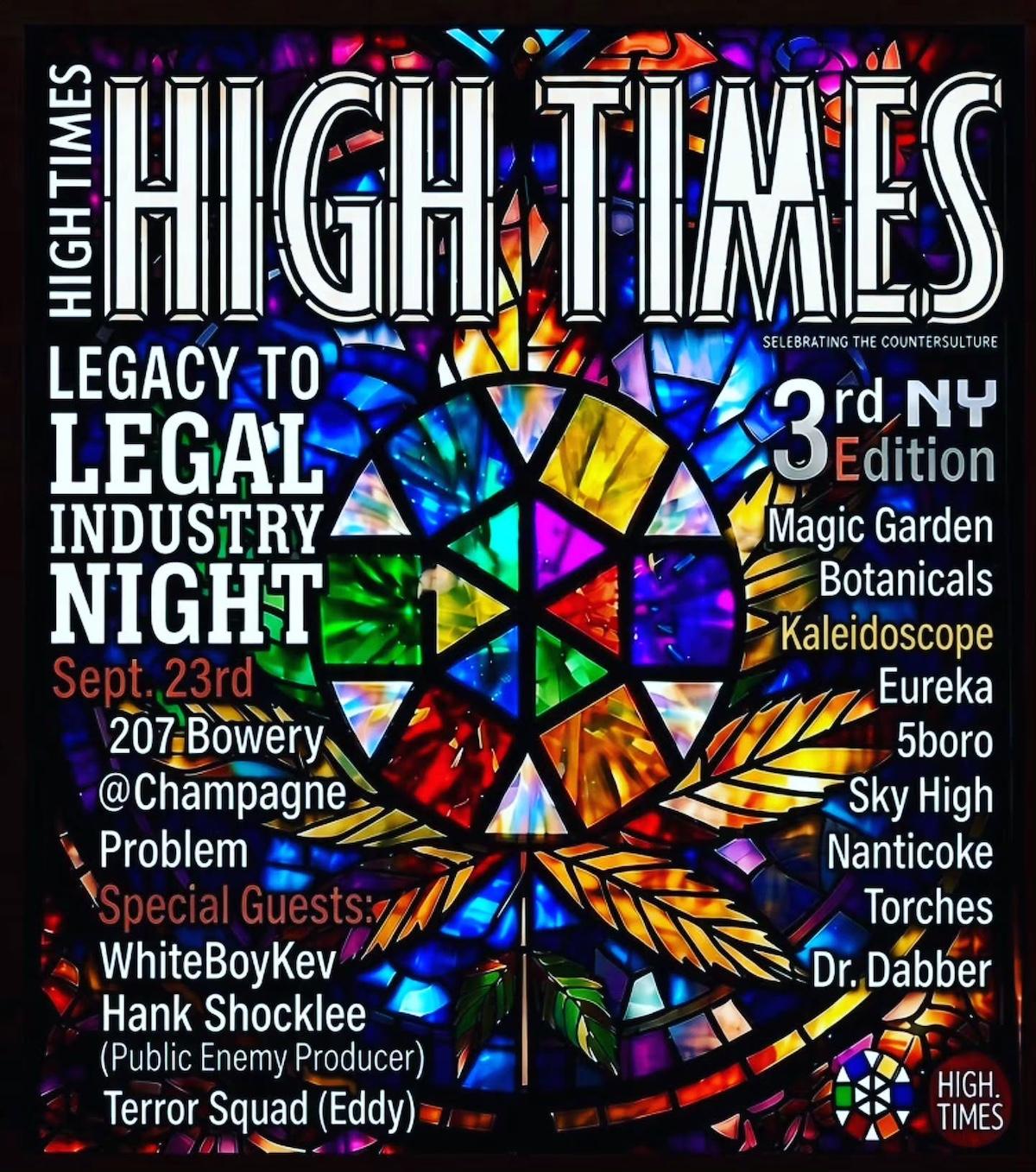 Event flyer for Legacy2Legal Industry Night in New York. Hosted by High Times and Kaleidoscope Collective in September 2026.