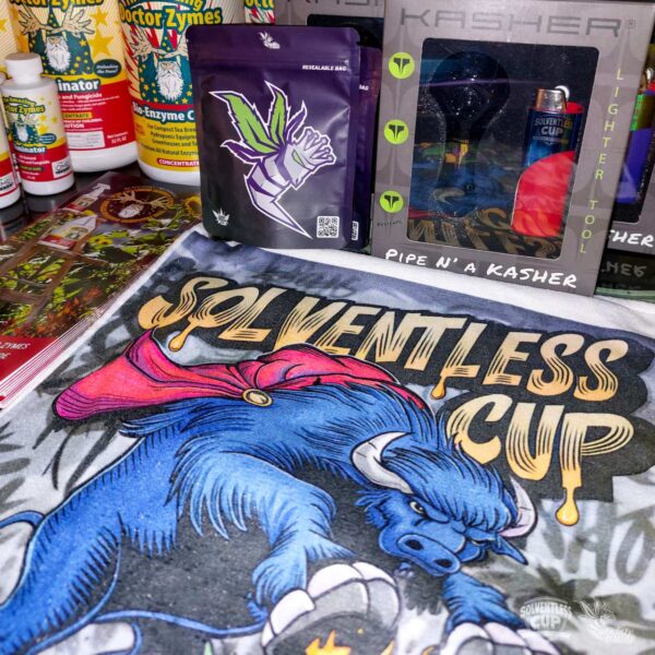 AudioKush mylar cannabis packaging bag and Solventless Cup logo towel